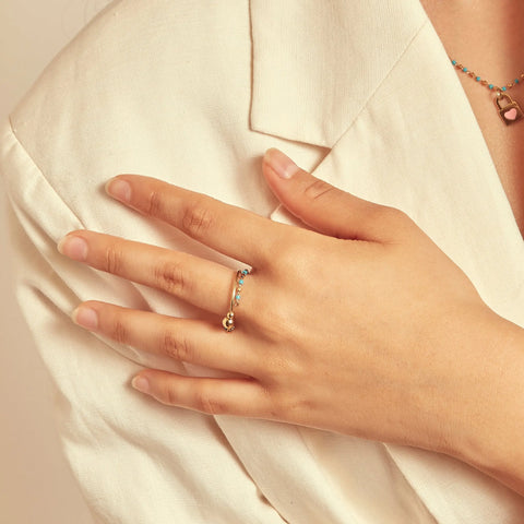 BAGUE ANNEAU PERLES COLOREES DORE BLEU CANARD