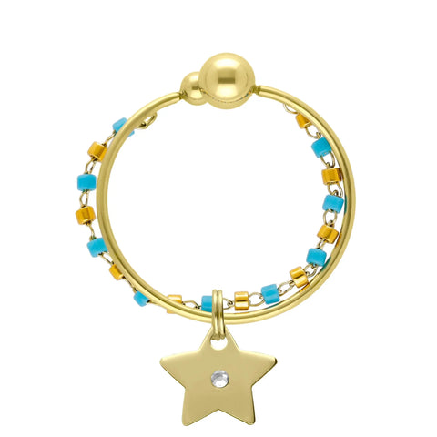 BAGUE ANNEAU PERLES COLOREES DORE BLEU CANARD